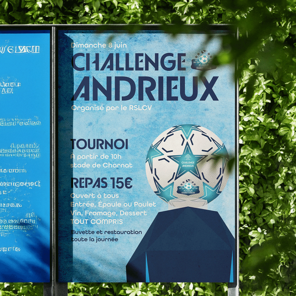 Affiche pour le tournoi de foot du R.S. Luzillat Charnat Vinzelles. En haut on découvre la date et le nom du tournoi, le Challenge Andrieux. À gauche de l’affiche les différentes informations sur le tournois, et à droite un dessin d’un ballon de foot aux couleurs du RSLCV, bleu et blanc.