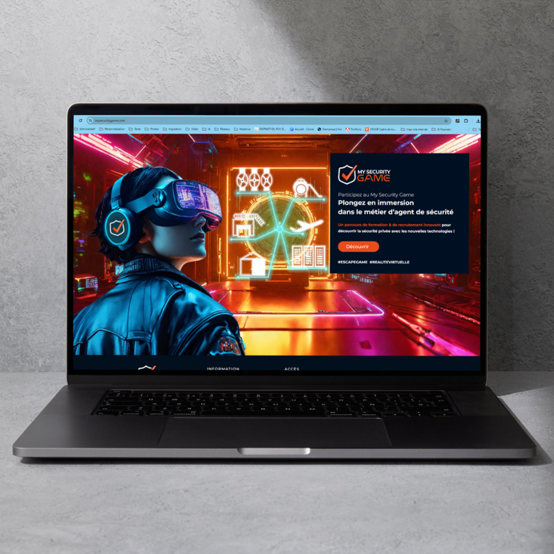 Page call to action pour le site internet de M’y Security Game. Un pop up sur la droite avec le bouton donnant accès au site internet, avec en fond une dessin esprit cyber punk futuriste.
