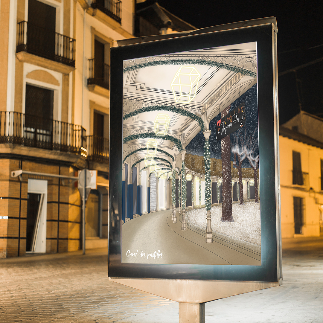 Création d'un design graphique d'une affiche pour fêter Noël à Vichy. Une esquisse représentant les allées des boutiques de la ville, sous la neige.