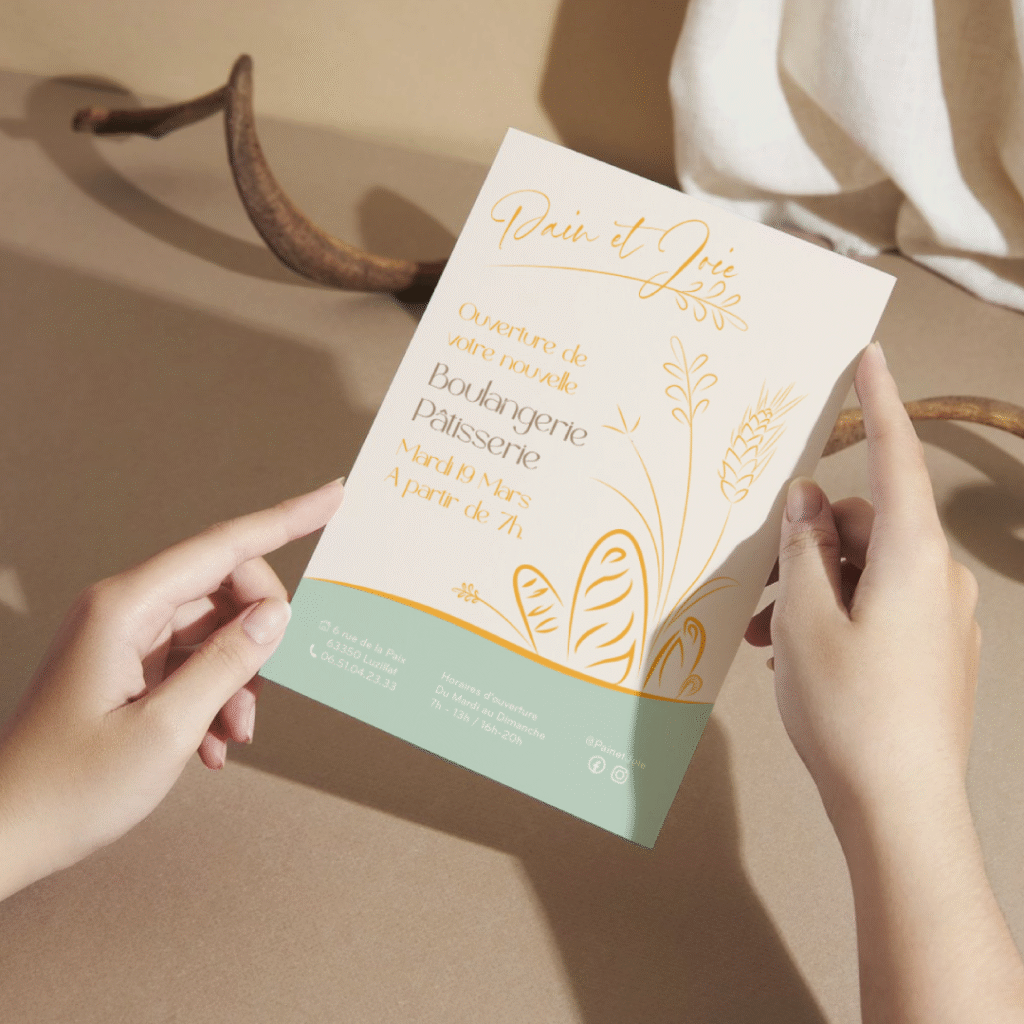 Flyer pour la boulangerie Pain et Joie. On découvre le logo de la boulangerie en haut, avec les différentes infos ensuite à gauche, et des esquisse de pain et d’épis sur la droite, dans le même style sue le logo, le tout en orange sur fond beige. En bas de page, les coordonnées de la boulangerie en blanc sur fond vert d’eau.