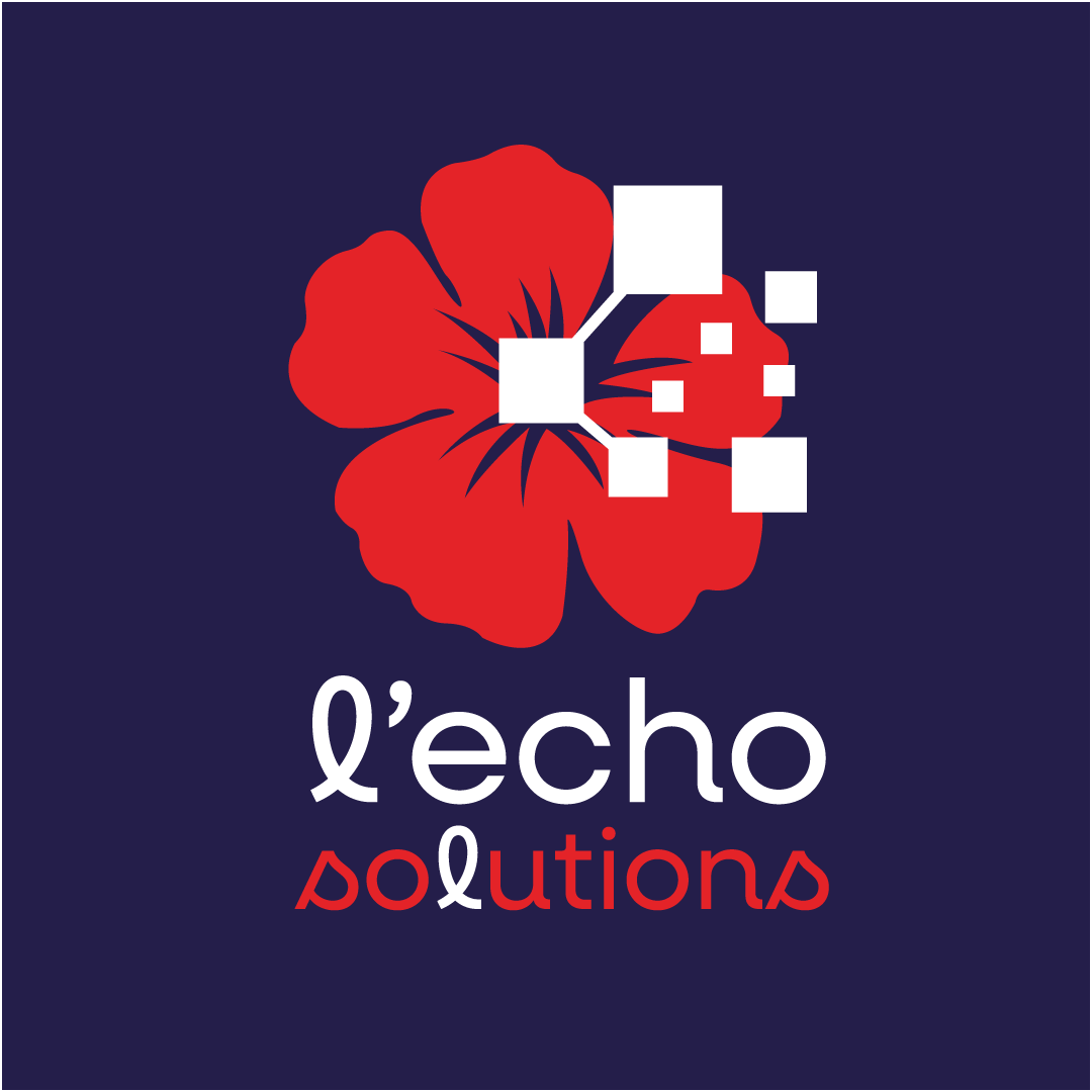 Logo "L'echo solutions", composé d'une hibiscus rouge sur fond bleu foncé. La tige de la fleur est représentée dématérialisée en blanc. Sous l'icone en forme de fleur, le nom de l'entreprise en minuscule, avec une typographie cursive.