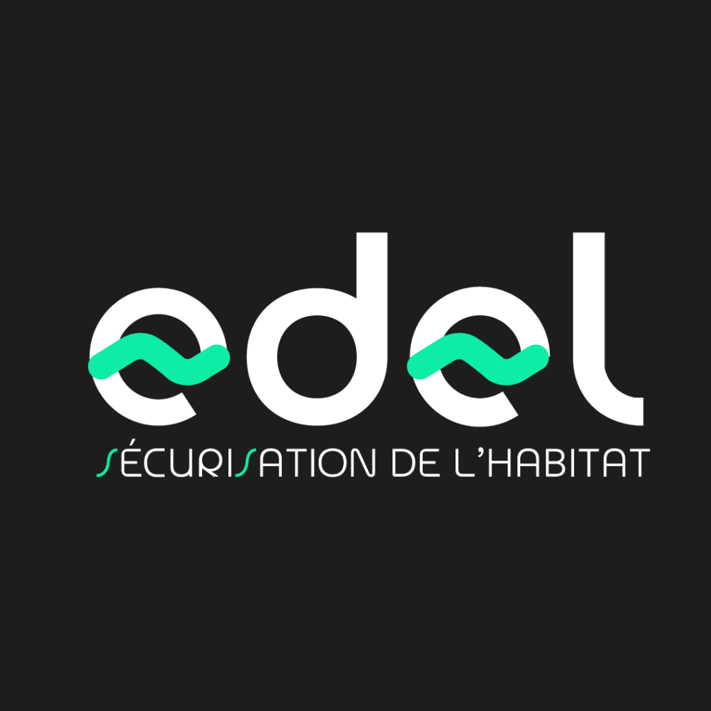 Logo pour la société EDEL. Le logo est composé du mot edel en minuscule, avec des lettres formées à partir du même cercle, blanche. On découvre pour chaque lettre "e", une vague d'un vert électrique, rappelant le schéma d'un courant alternatif. On retrouve les vagues dans la base line, "Sécurisation de l'habitat", au niveau des lettres "S".