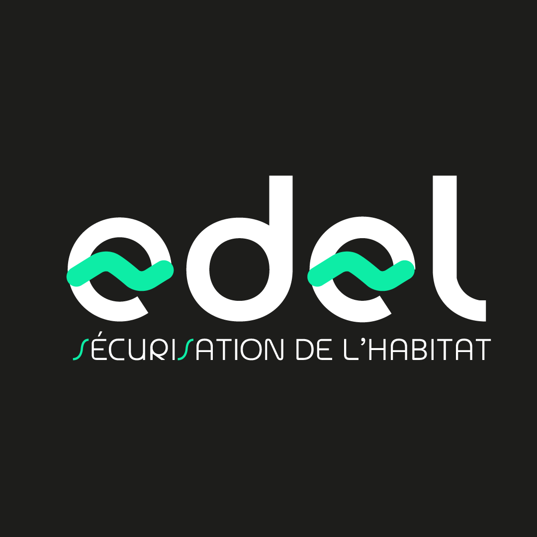 Logo pour la société EDEL. Le logo est composé du mot edel en minuscule, avec des lettres formées à partir du même cercle, blanche. On découvre pour chaque lettre "e", une vague d'un vert électrique, rappelant le schéma d'un courant alternatif. On retrouve les vagues dans la base line, "Sécurisation de l'habitat", au niveau des lettres "S".
