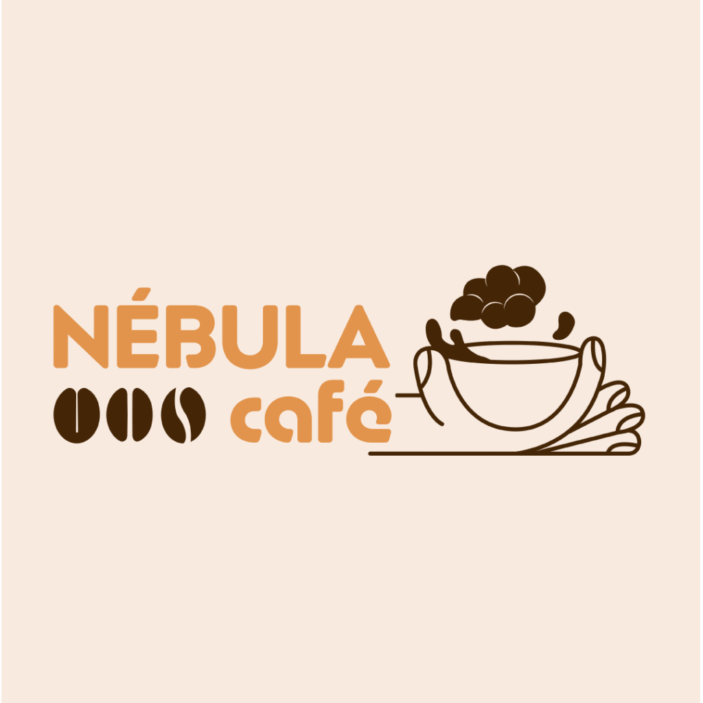 Logo du coffee shop Nébula Café. Le terme Nébula est écrit en orange, avec trois grain de café marron en-dessous, accompagné du terme café en orange, avec la même typographie que Nébula. Sur la droite du logo, on découvre le dessin d’une main tenant une tasse à café, avec un effet de mouvement, comme si elle sortait du reste du logo. Une nuage de café marron saute de la tasse. Le tout sur fond beige.