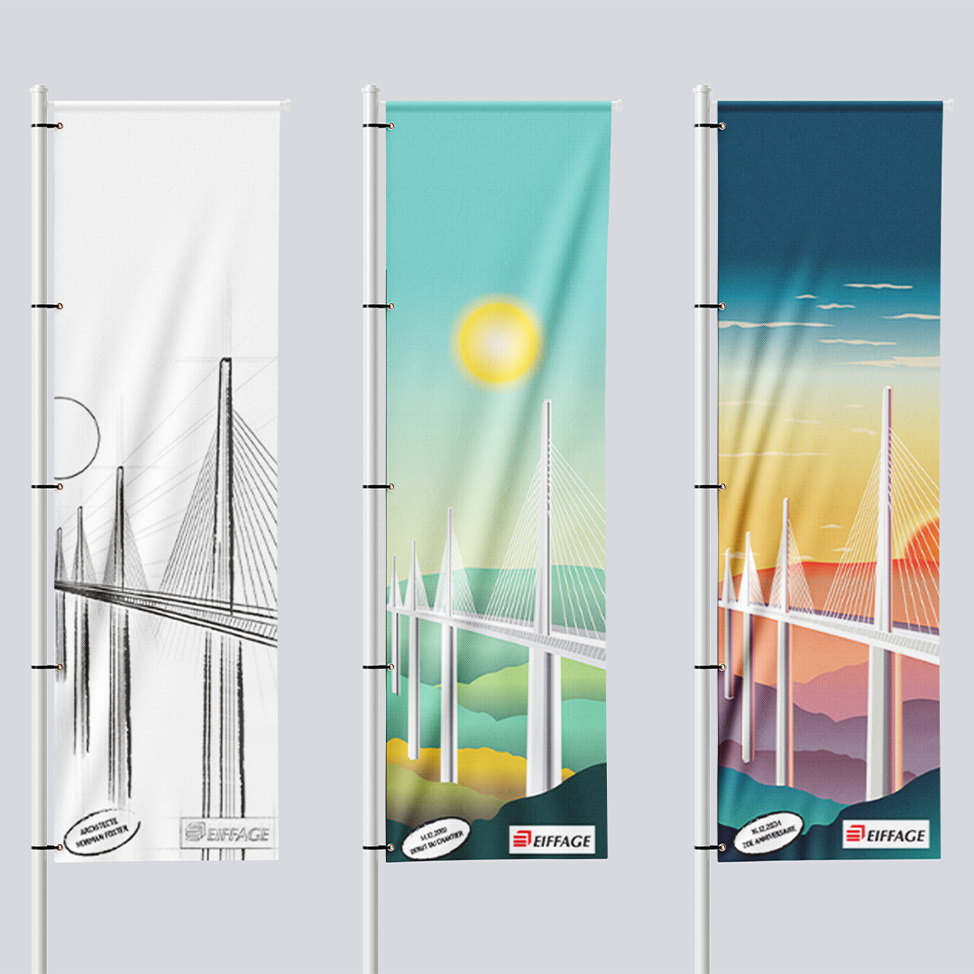 Création d'un design graphique composé d'affiches grandes taille pour les 20 ans du viaduc de Millau. Il s'agit d'une série d'affiche montrant l'évolution des travaux de l'ouvrage. Du croquis du viaduc, à l'ouvrage terminé.