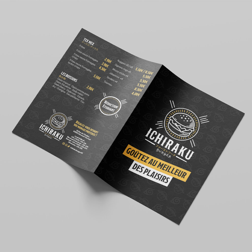 Couverture et dos du menu du restaurant Ichiraku Burger. Le visuel est noir avec un logo de burger stylisé, accompagné du slogan « Goûtez au meilleur des plaisirs ». Le verso présente les accompagnements Tex-Mex, les boissons, les prix, une mention de la réduction étudiante, ainsi que les coordonnées du restaurant situé au 26 rue de l’Ourcq, Paris.