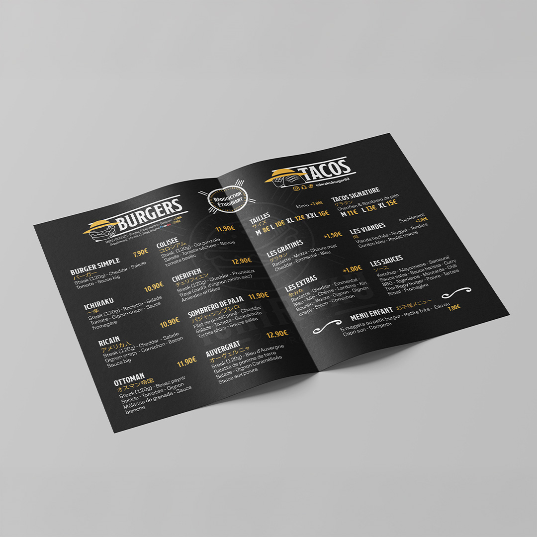 Création d'un design graphique d'un menu intérieur du restaurant Ichiraku Burger présentant une sélection de burgers et tacos. Chaque section détaille les ingrédients, les tailles et les prix. Les burgers incluent des recettes comme Ichiraku, Ricain ou Ottoman. Les tacos sont disponibles en plusieurs tailles, avec différentes sauces et viandes au choix. Une réduction étudiante est mentionnée ainsi qu’un menu enfant.