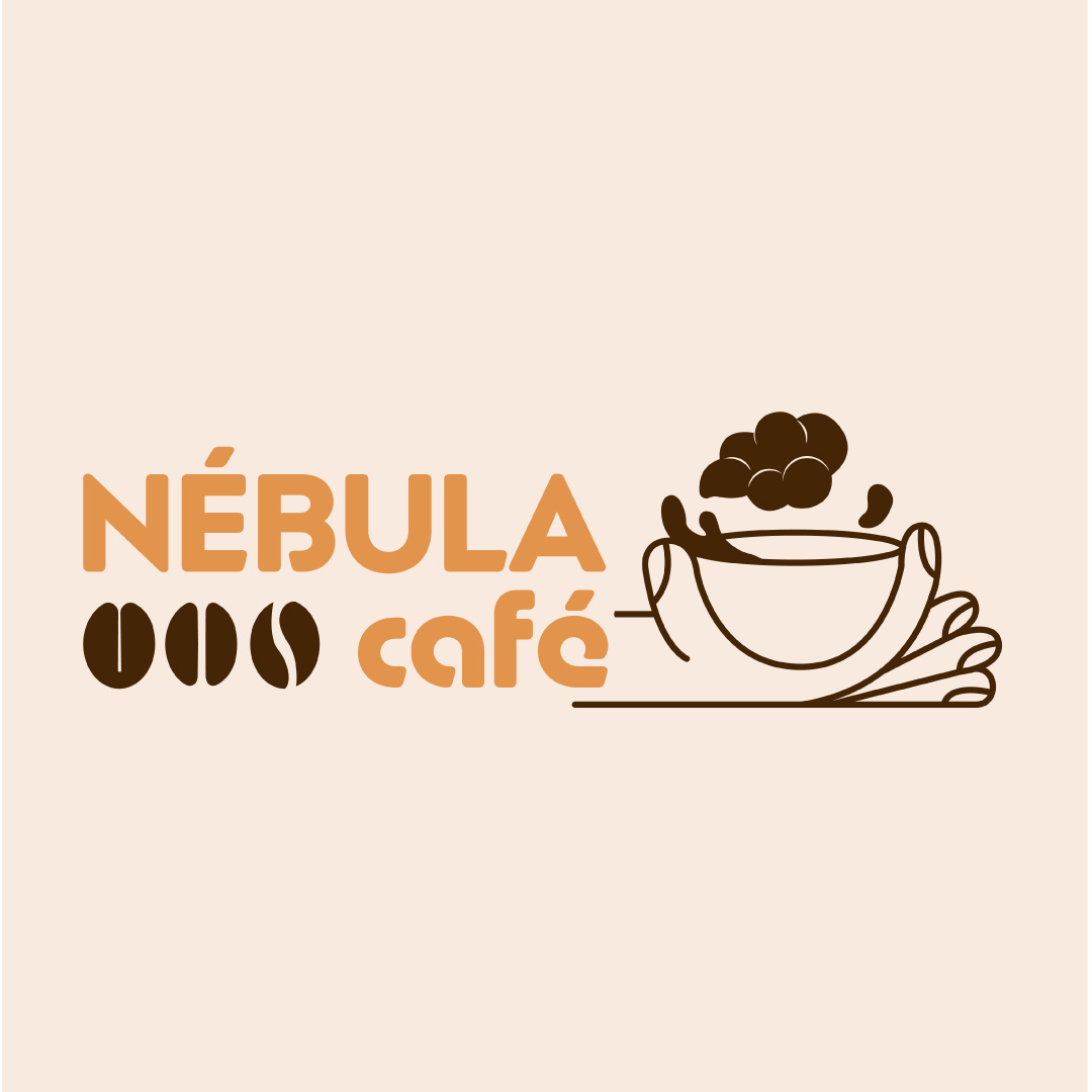 Logo du coffee shop Nébula Café. Le terme Nébula est écrit en orange, avec trois grain de café marron en-dessous, accompagné du terme café en orange, avec la même typographie que Nébula. Sur la droite du logo, on découvre le dessin d’une main tenant une tasse à café, avec un effet de mouvement, comme si elle sortait du reste du logo. Une nuage de café marron saute de la tasse. Le tout sur fond beige.