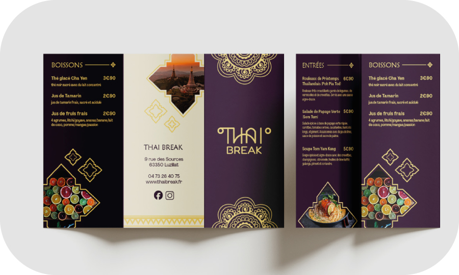 Supports imprimés : menu restaurant thaï