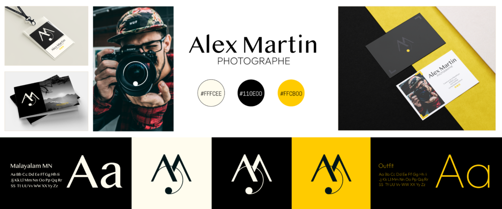 Starter Pack : création logo, brandboard et carte de visite. Exemple d'un starter pack pour un photographe.