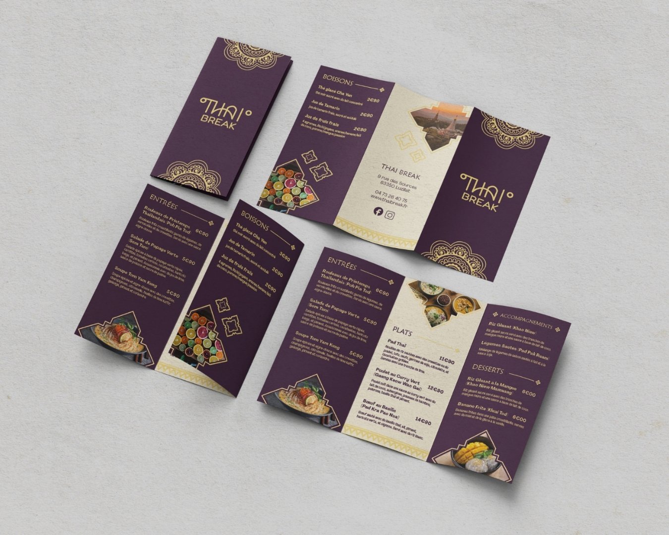 Dépliant 3 volets pour le menu du restaurant Thai Break