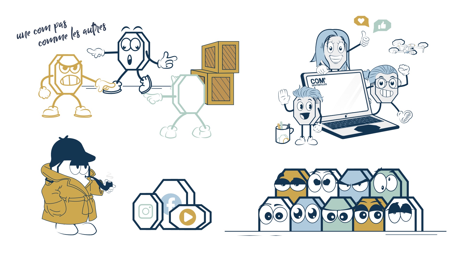Logo et identité visuelle : univers graphique de l'agence de communication Com' des pastilles