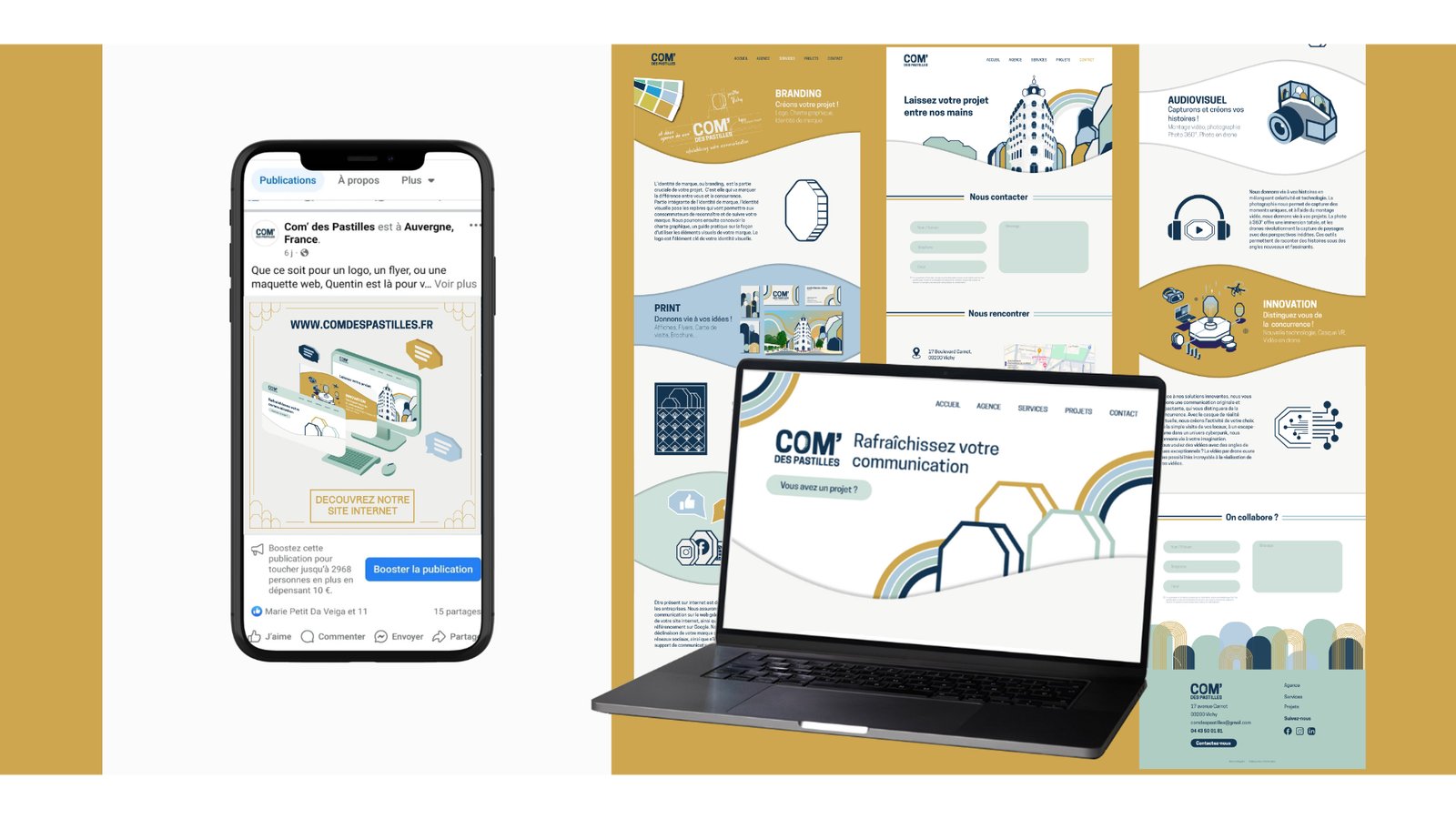 Présentation de la mauqtte du site internet, ainsi que des templates de réseaux sociaux pour l'agence de communication Com'des pastilles