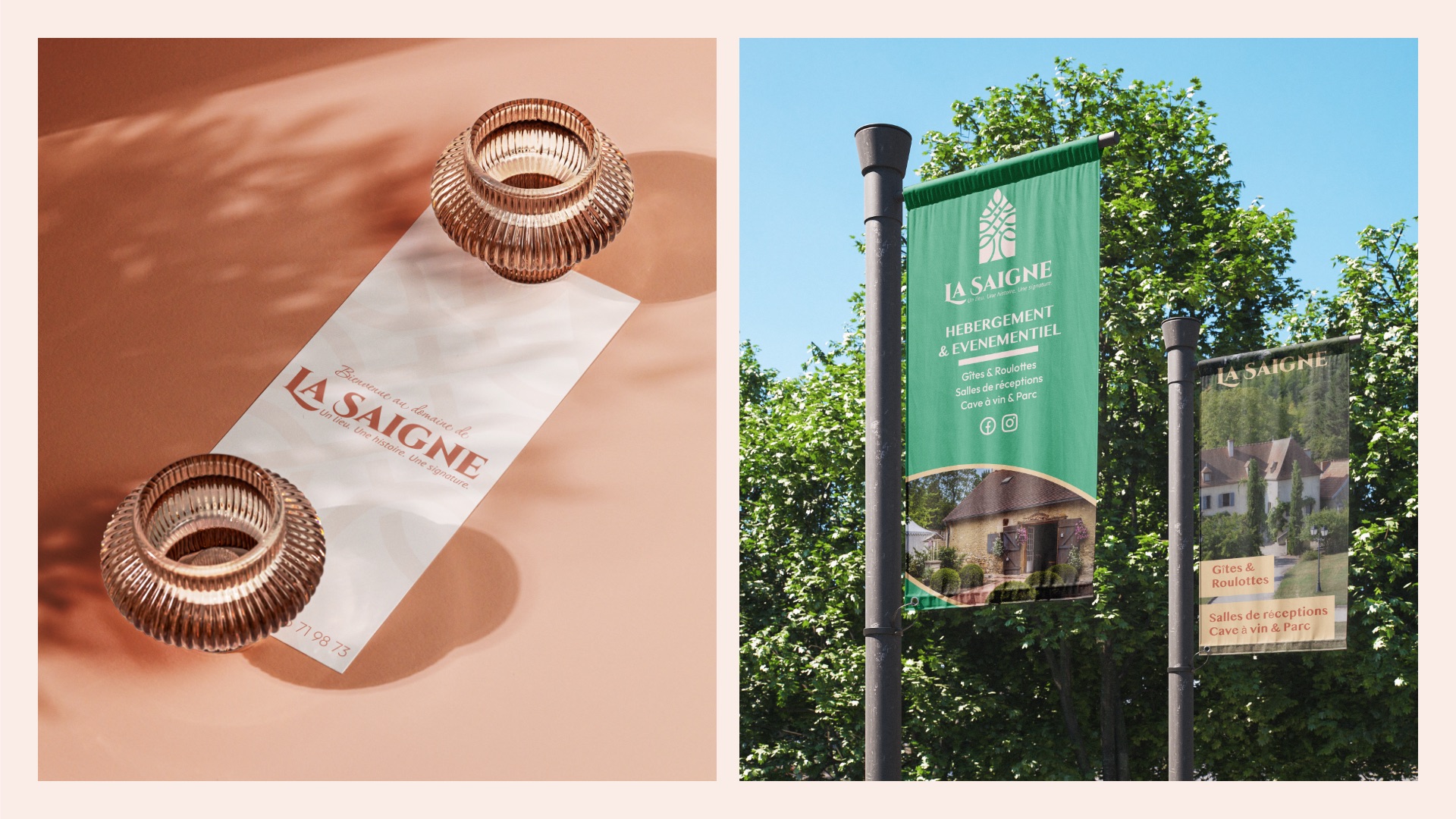 Logo et identité visuelle : Exemple de supports de communication print pour le domaine de La Saigne